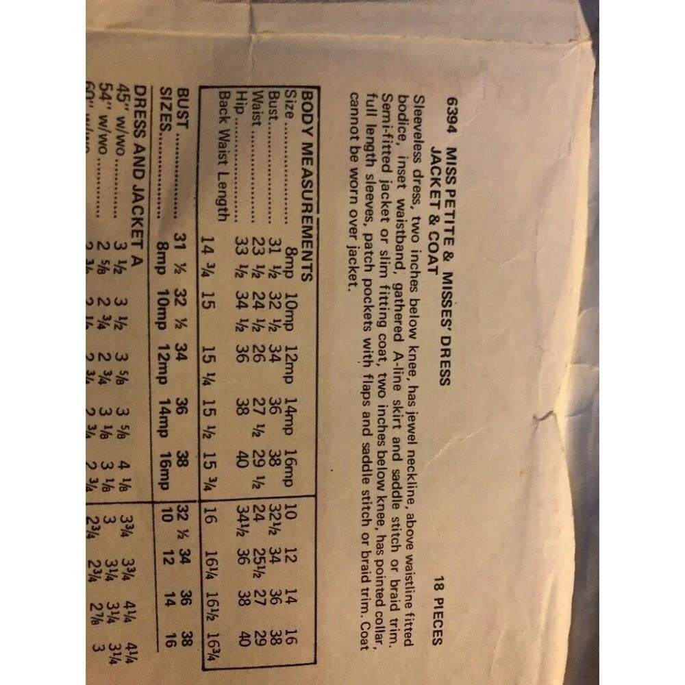 Butterick 6394 Miss Petite Sewing Pattern Dress Jacket & Coat Size 10 - Picture 5 of 7